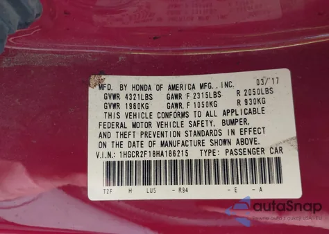 2017 Honda Accord Sport Se z USA, uszkodzony, nr VIN 1HGCR2F18HA186215